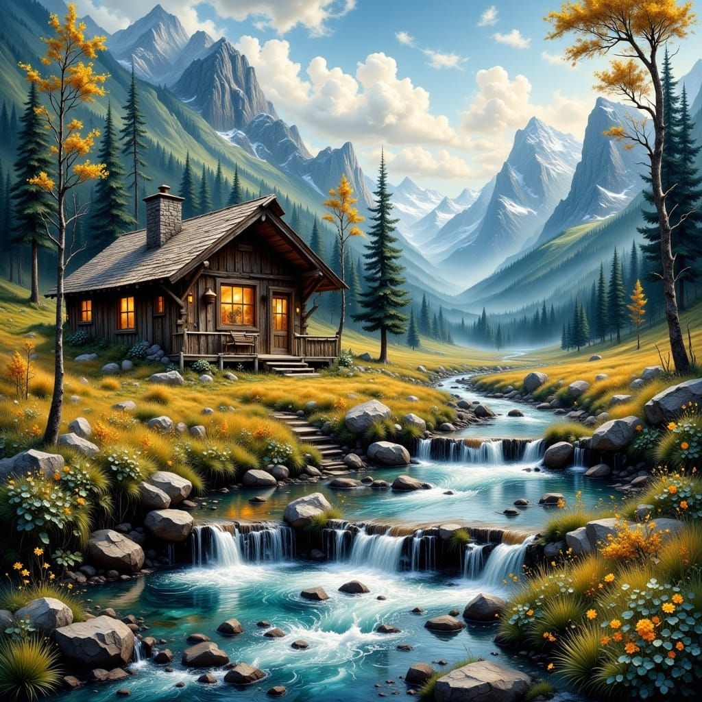 Mountains and Streams: Old Hut as Impasto Painting