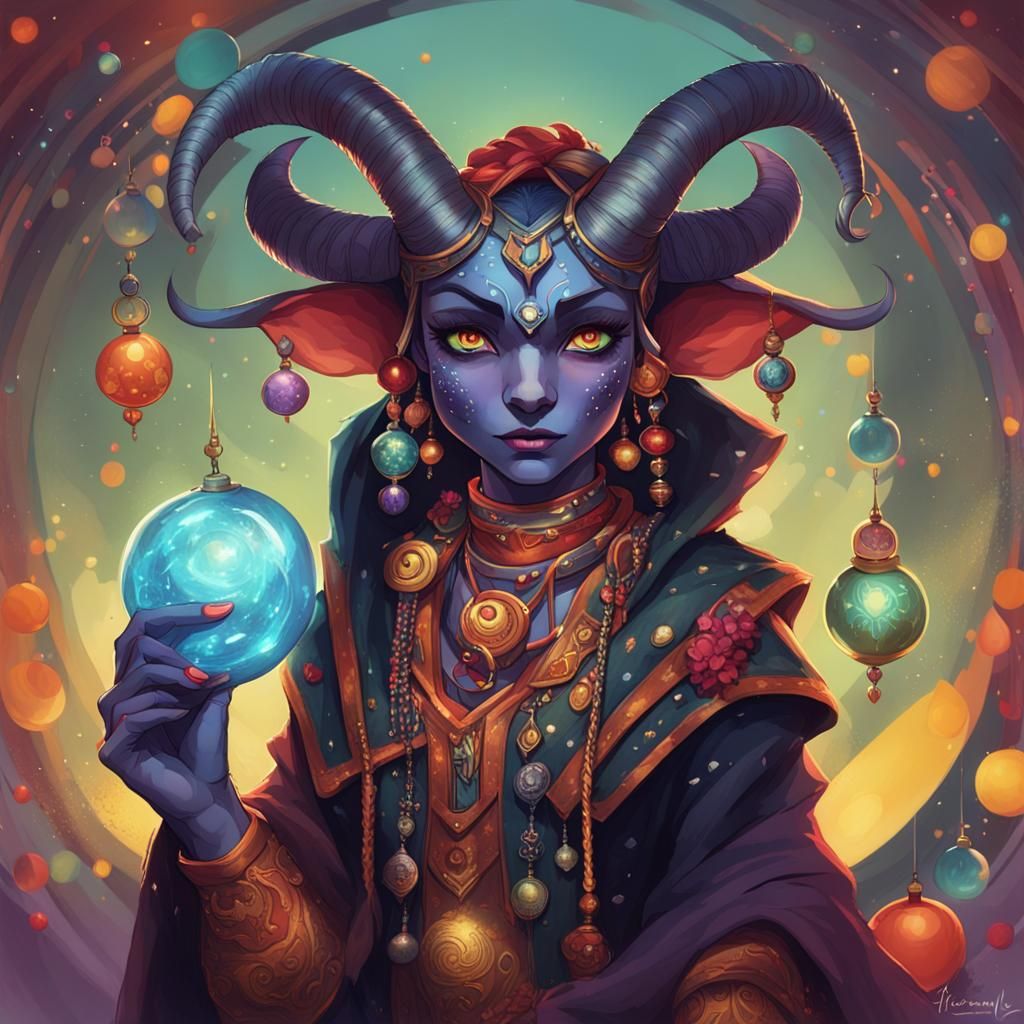 Eccentric Tiefling with Mismatched Eyes and Colorful Horns