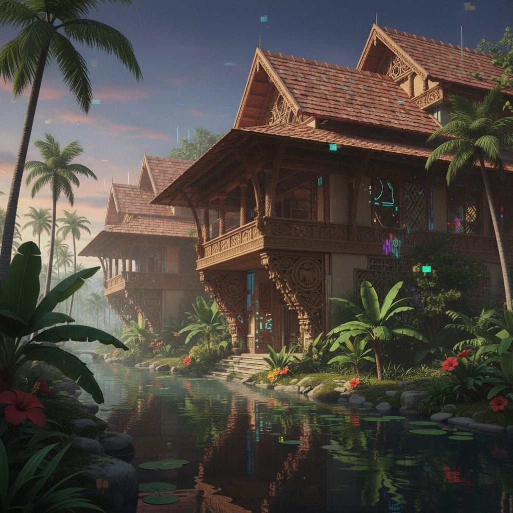 South Indian Canal House with Intricate Carvings and Greener...