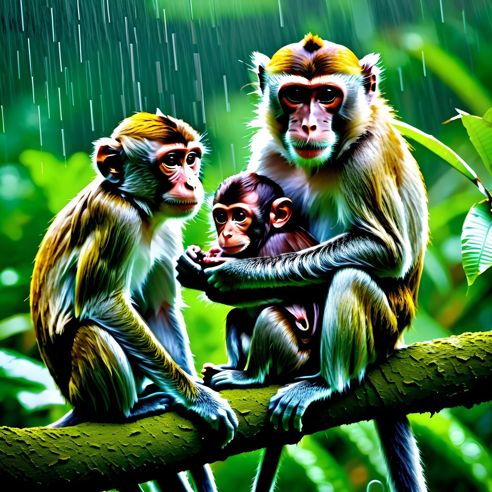 Monkey Mother and Newborn in Rainforest Rain