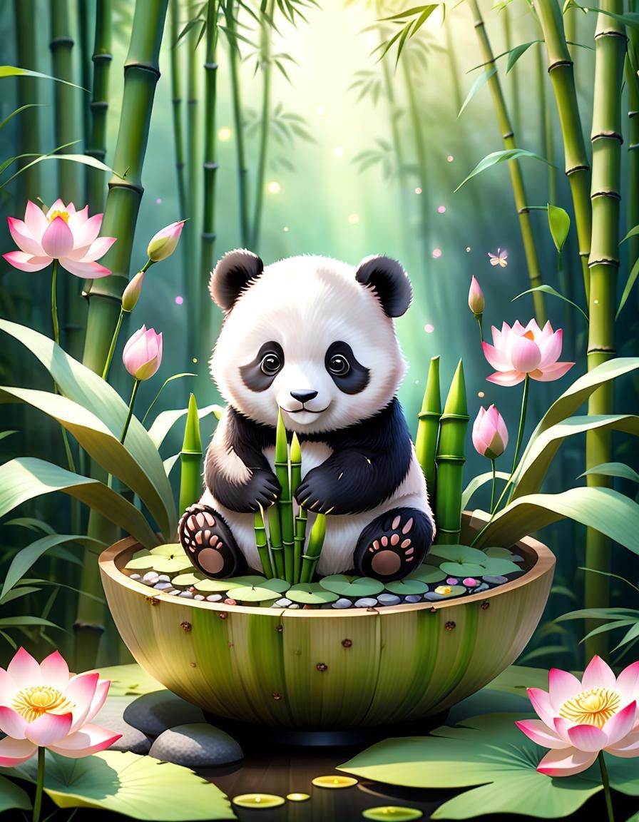 Adorable Panda with Ikebana Flower Arrangement