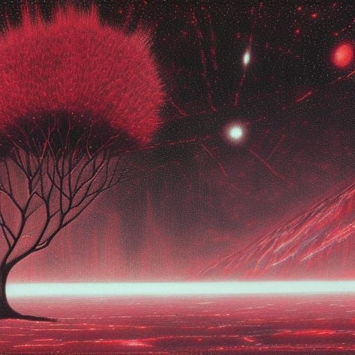 Glowing Red Tree in Space with Radio Blaster