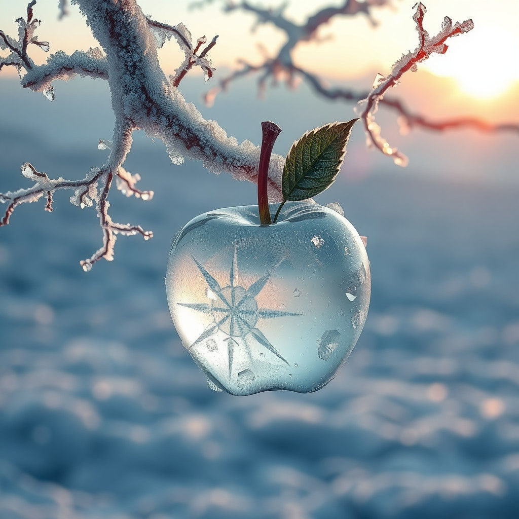 Crystalline Ice Apple in Frozen Winter Landscape