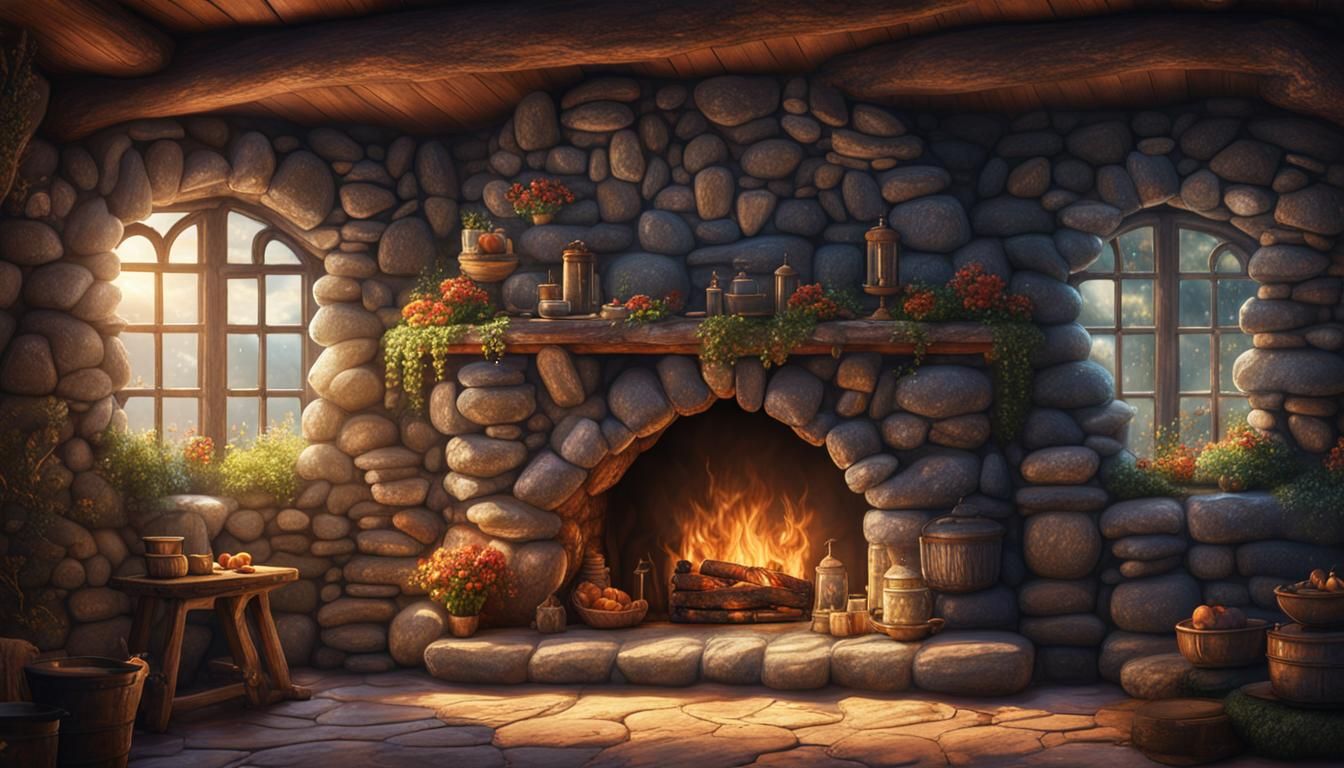 Fairy Cottage Interior with Stone Fireplace in Digital Art