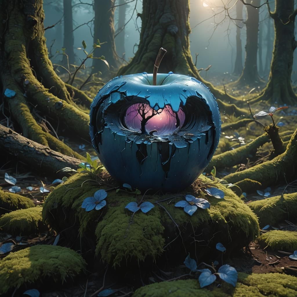 Crying Blue Apple in Black Forest, Matte Painting