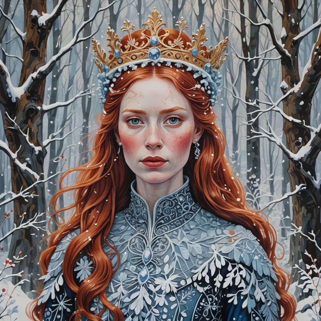 Icy Aura: Redhead Queen in Snowy Forest as Gouache Painting