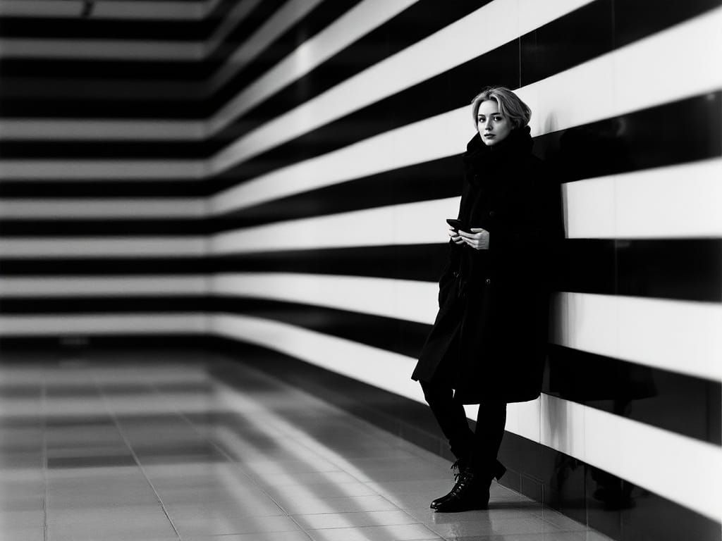 Woman Lost in Monochrome Cityscape