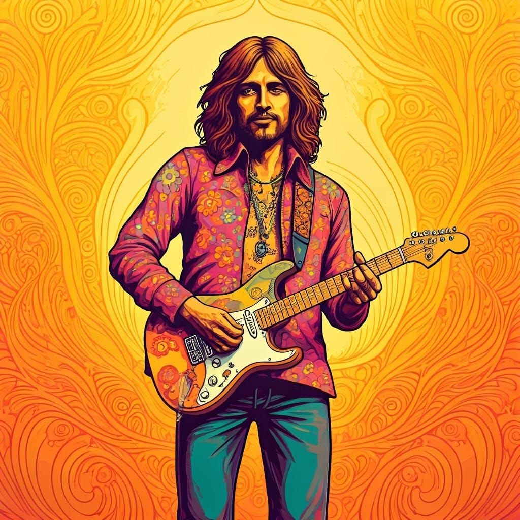 Psychedelic Hippy Guitarist in Retro Digital Art Style