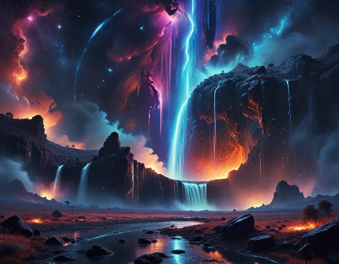 Celestial Waterfall Flowing Through Nebula Dust