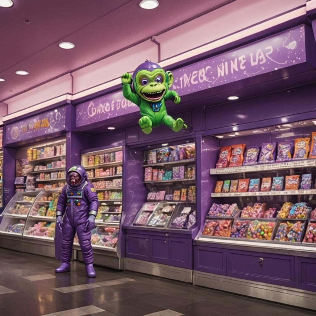 Purple Monkey in Spacesuit Lost in Candy Store