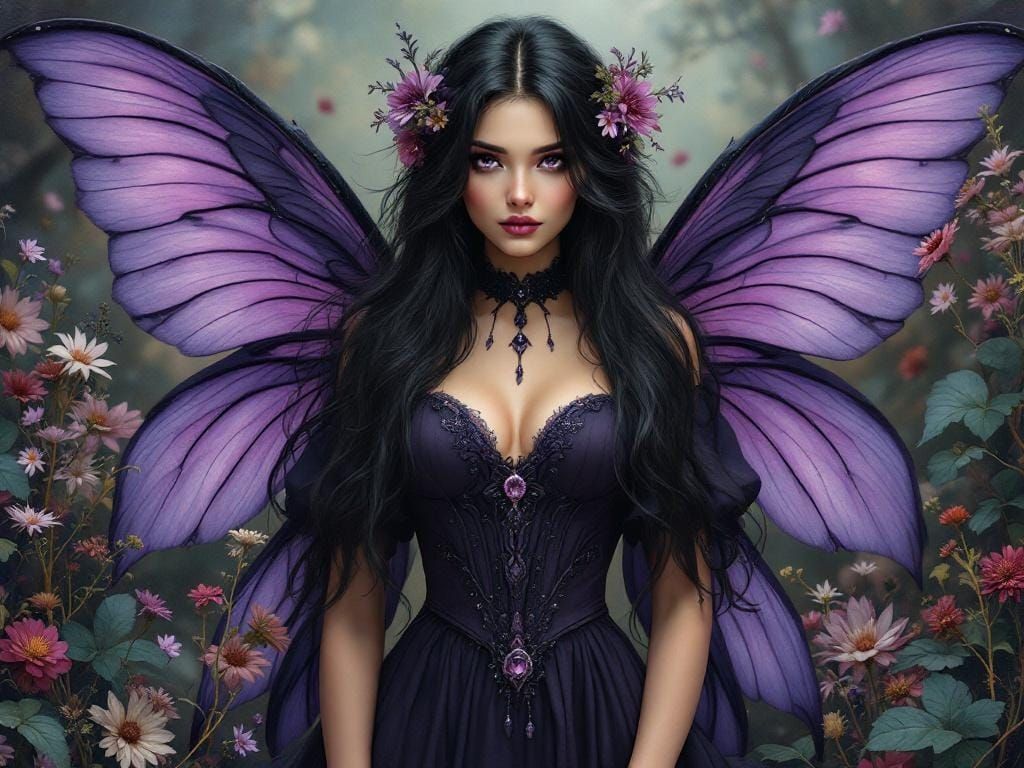 Hyperrealistic Fairy with Purple Wings in Dreamscape