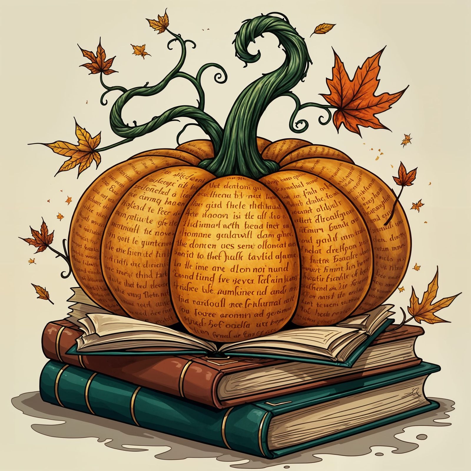 Whimsical Vintage Book Pumpkin Halloween T-Shirt Design