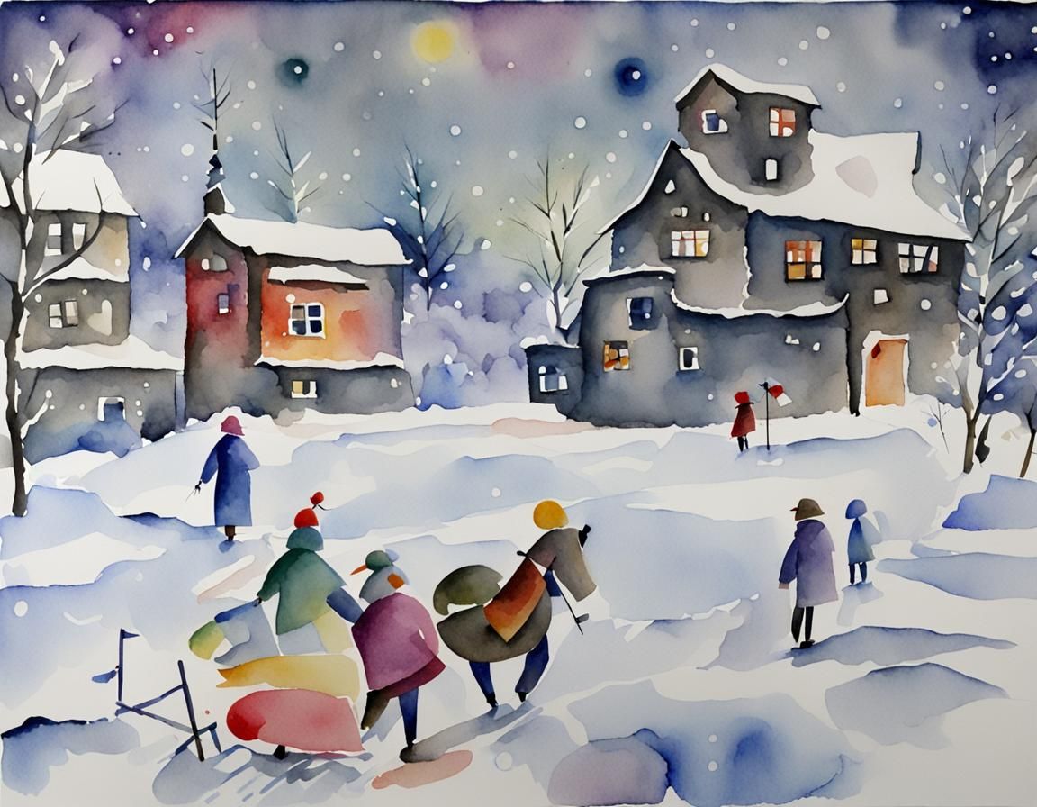 Abstract Snowscape in Watercolor Kandinsky Style