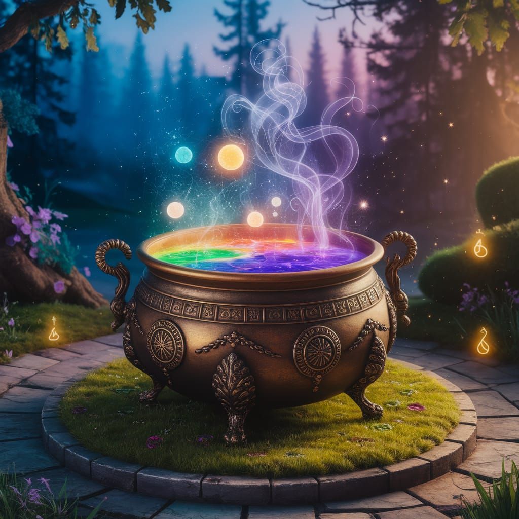 Bubbling Cauldron of Magical Soup in Mystical Forest