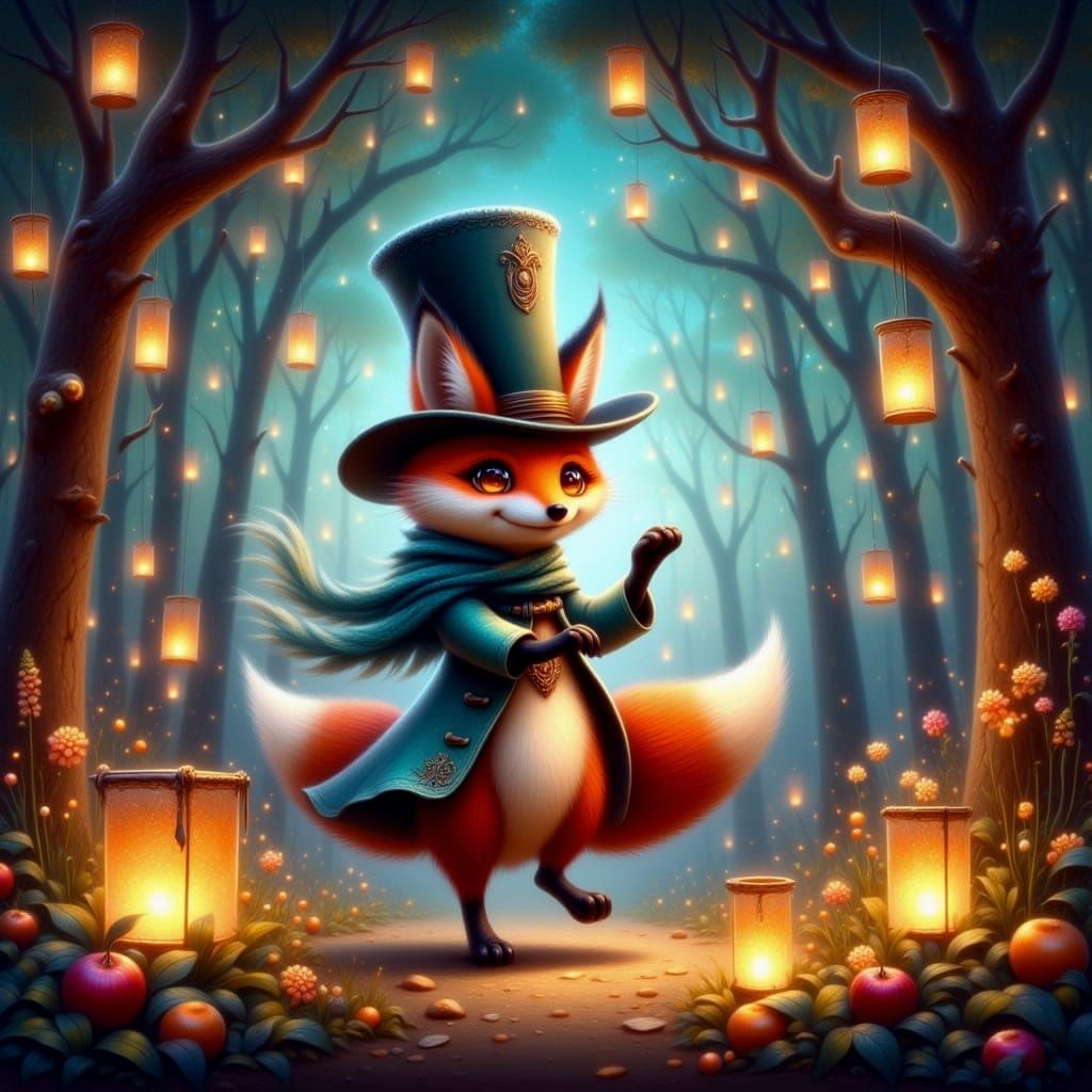 Whimsical Fox Dancing in Glowing Lantern Forest