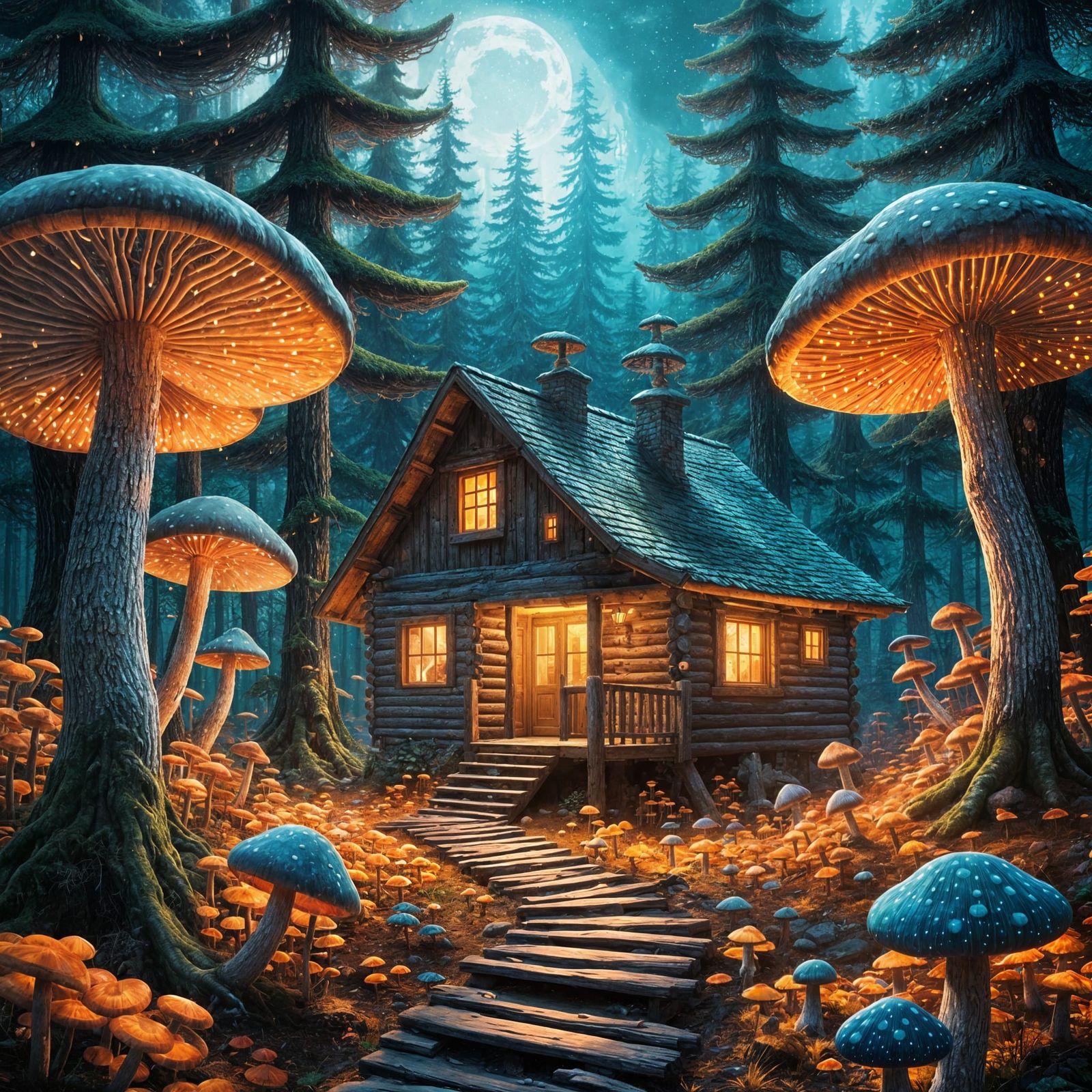 Cabin in Fluorescent Forest: Fantasy Concept Art