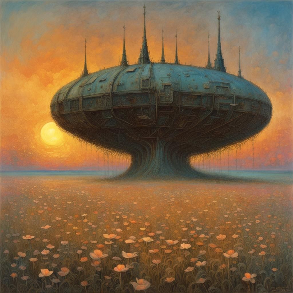 Surreal Spaceship Sunset in Dystopian Style