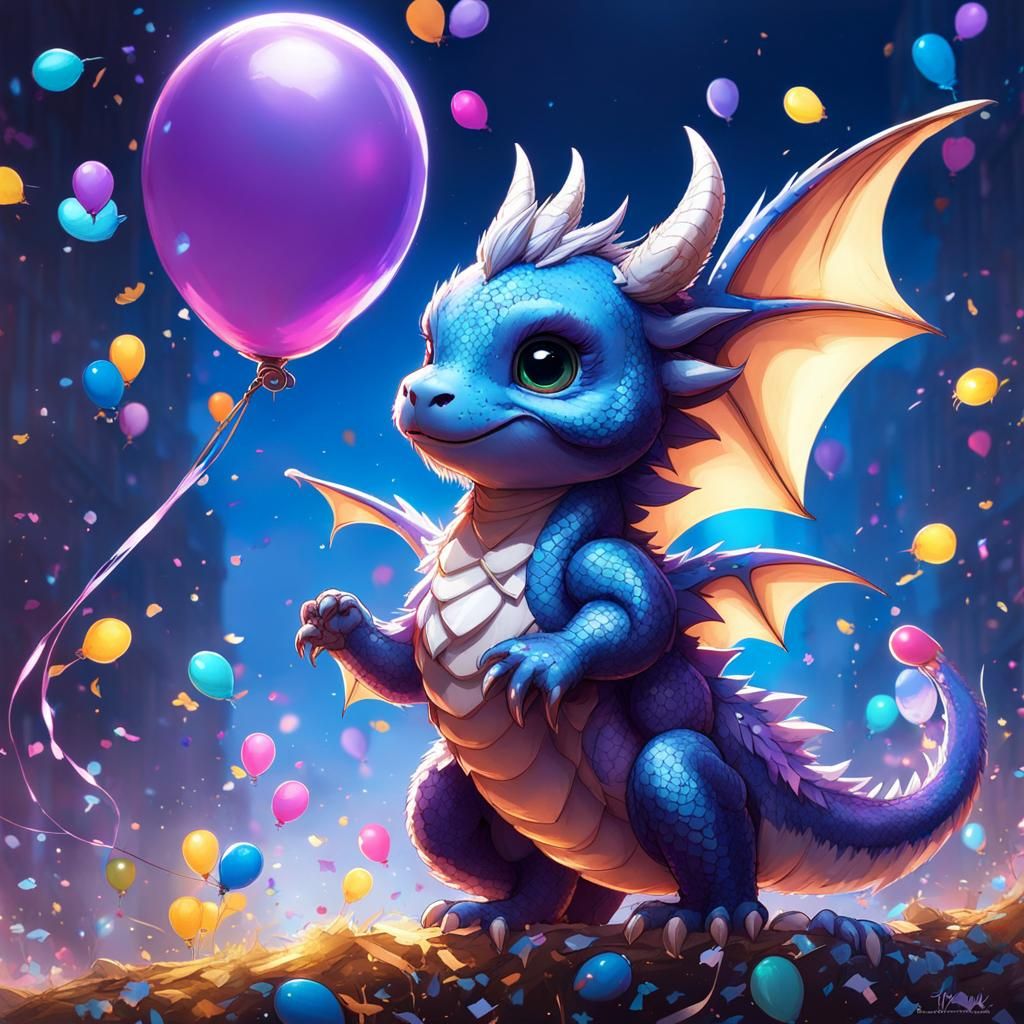 Chibi Dragon Celebration with Neon Accents