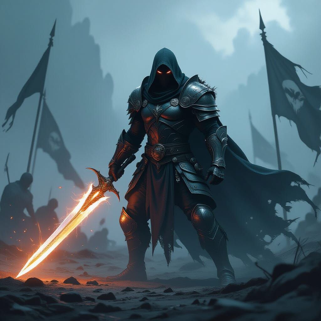 Dark Fantasy Warrior with Ethereal Sword on Mist-Shrouded Ba...