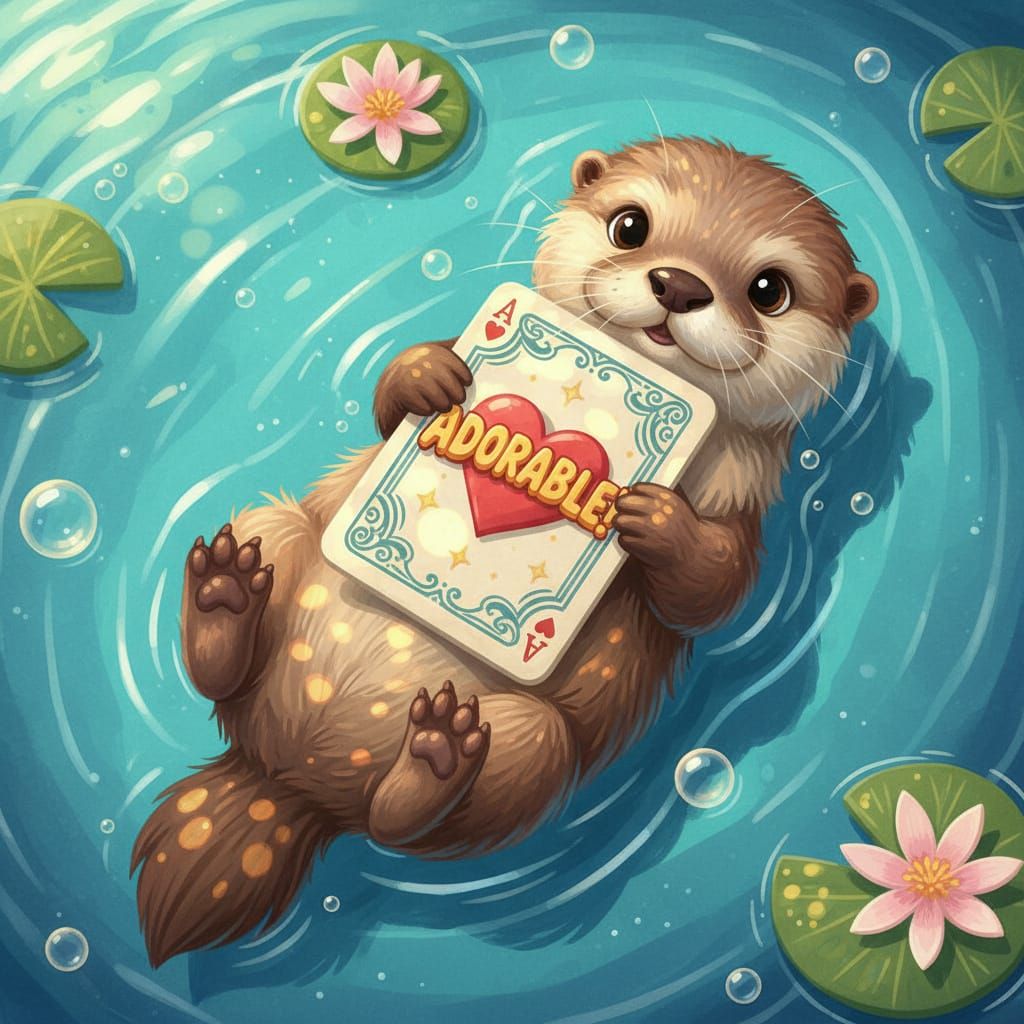 Baby Otter Floats Holding "Adorable!" Card in Storybook Styl...
