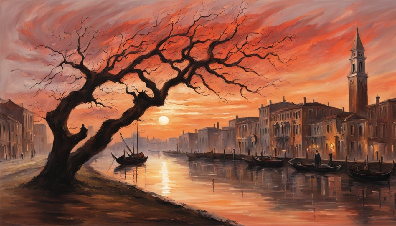Skeletal Tree by Venetian Canal at Sunset