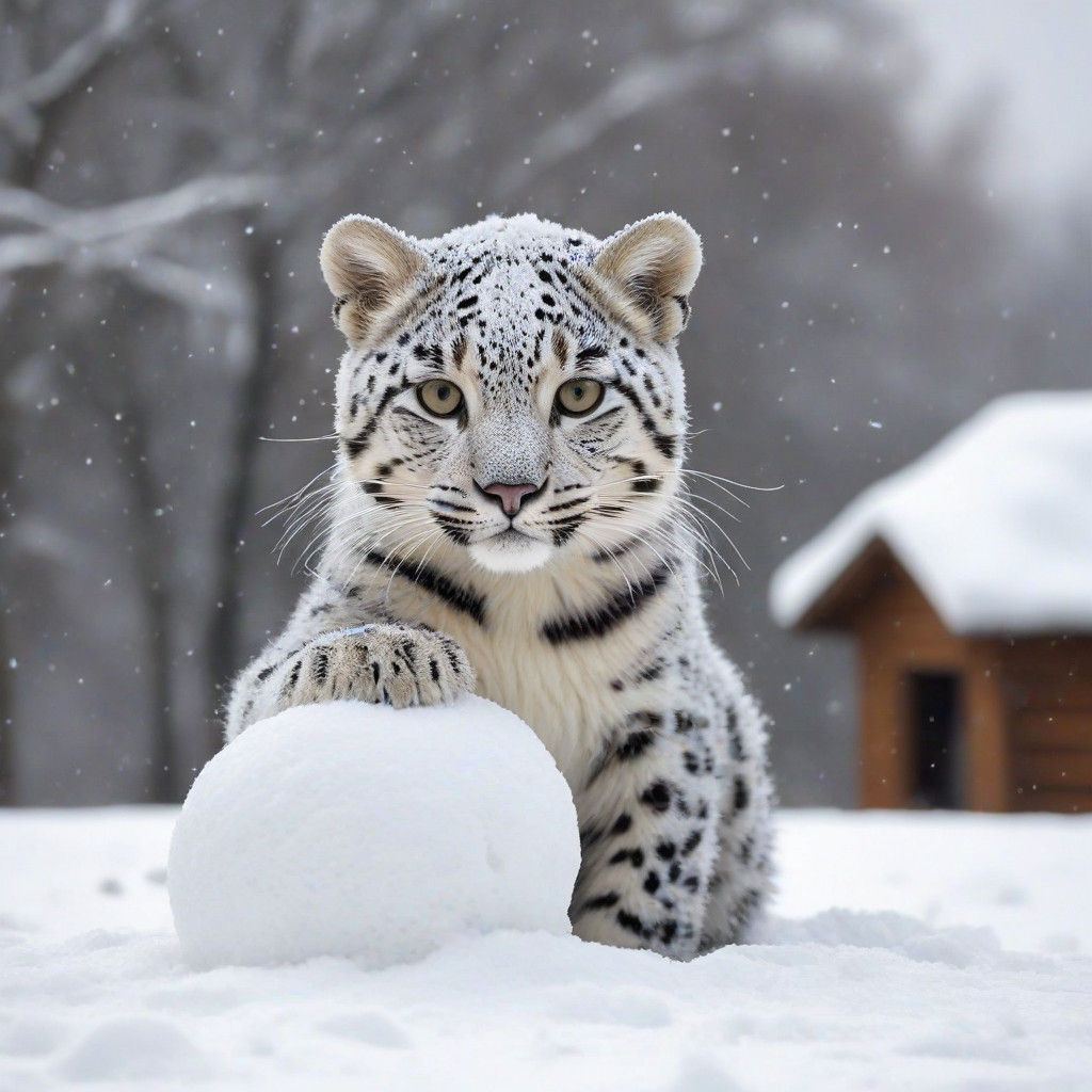 Whimsical Scene of a Leopard Snow Cat Building a Feline Fort