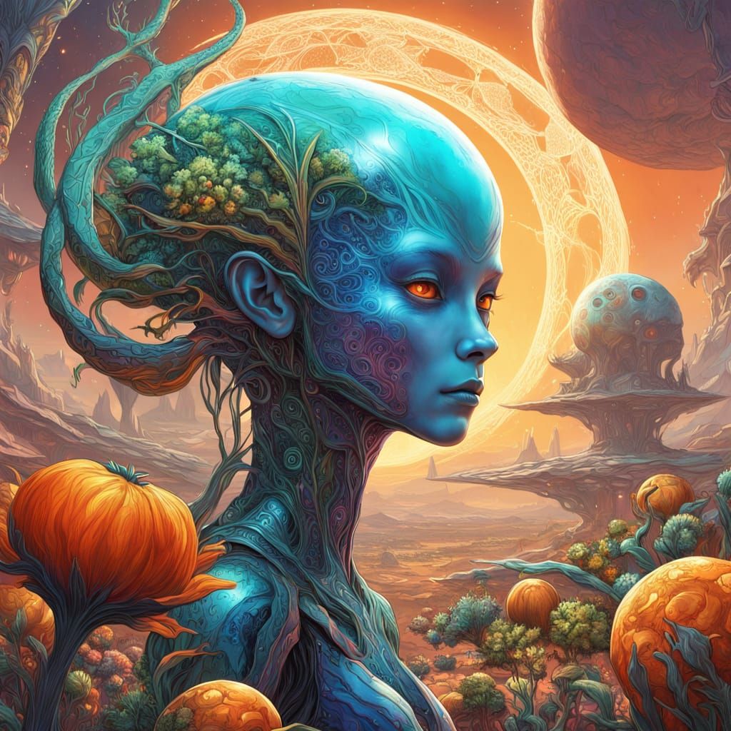 Alien Gardener Tends Vibrant Martian Garden