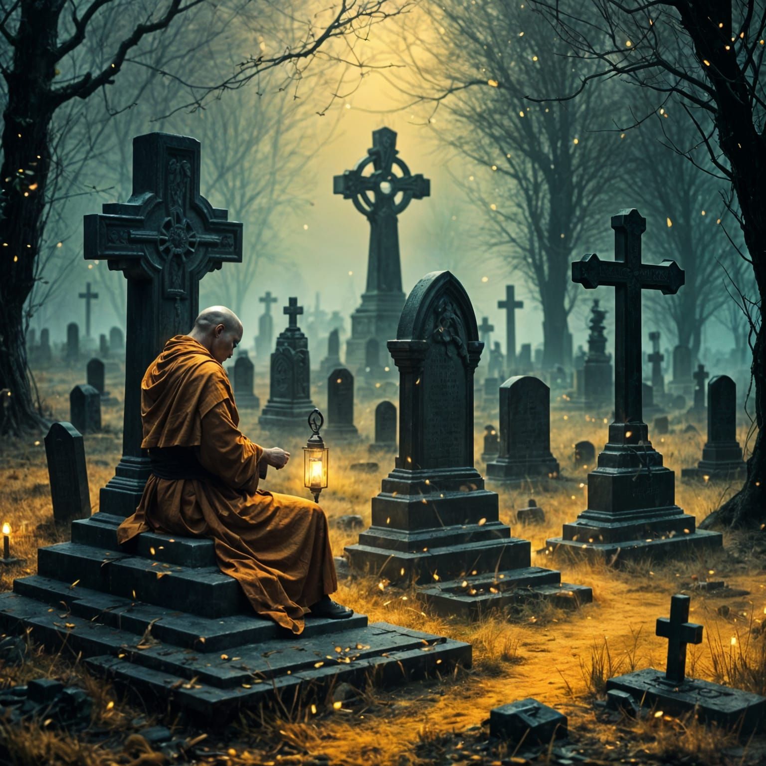 Monk Contemplates Electric Cemetery in Comic Book Style