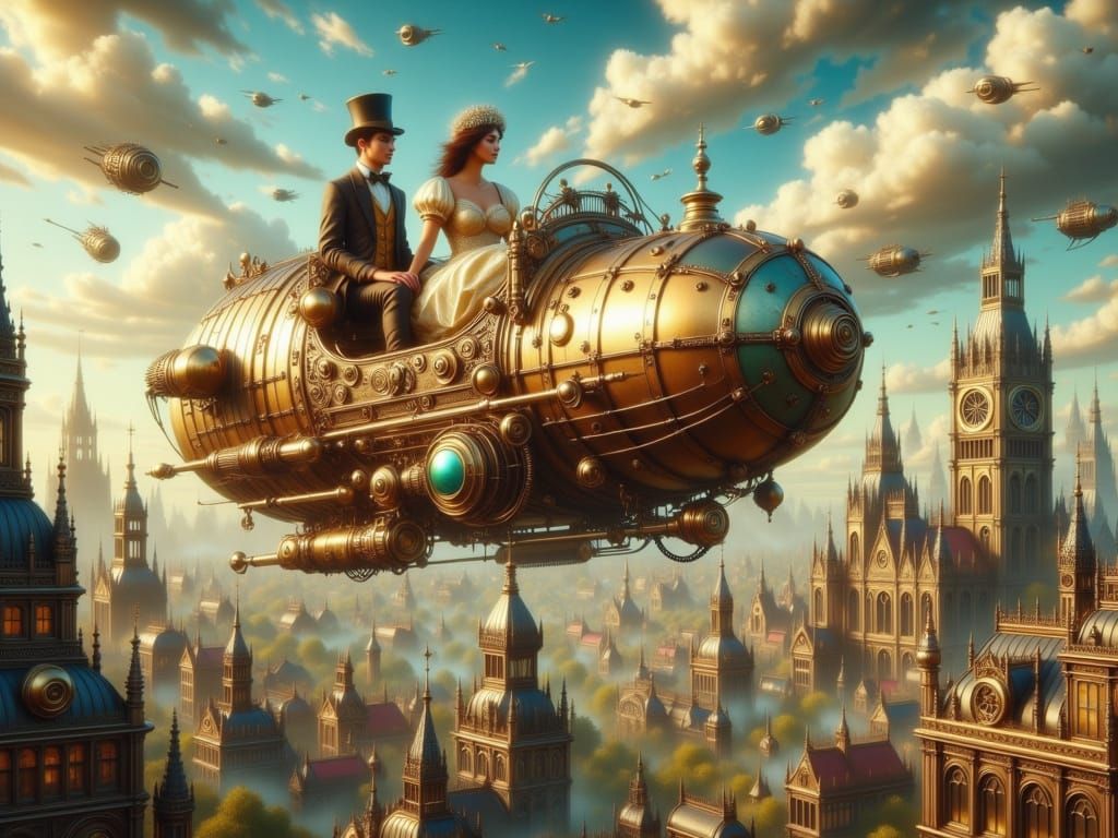 Elegant Steampunk Couple Soars Above a Vintage Cityscape
