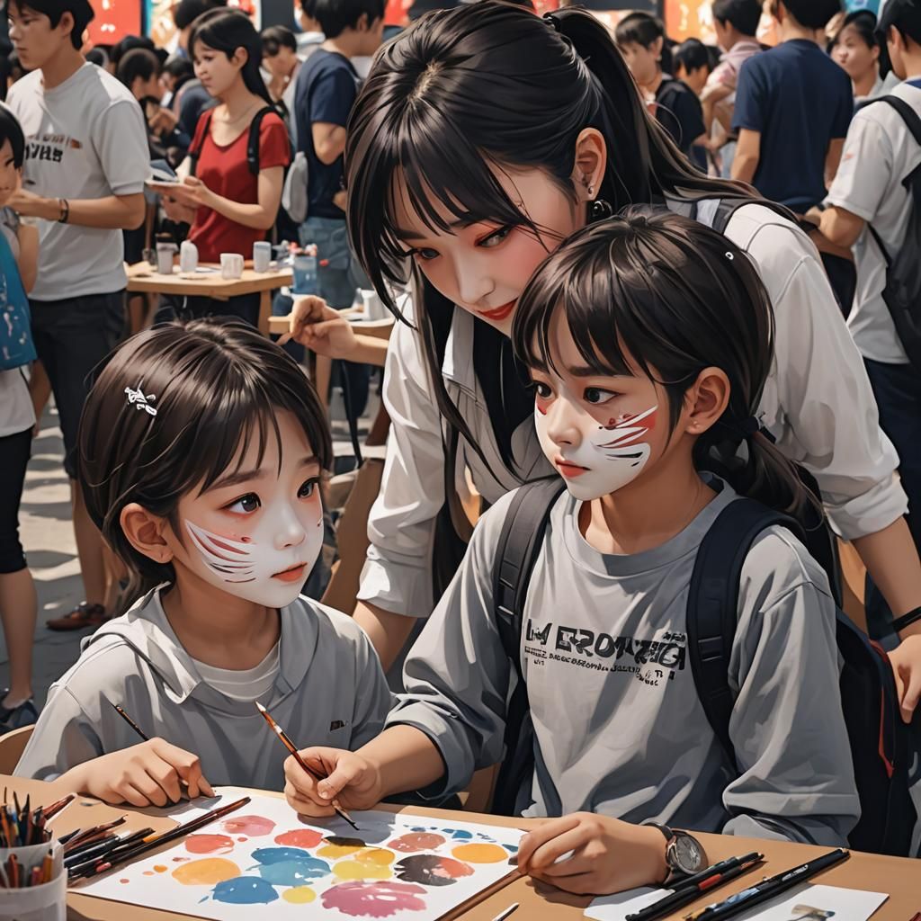 Girl Face Painting Boy: Detailed 3D Anime Art