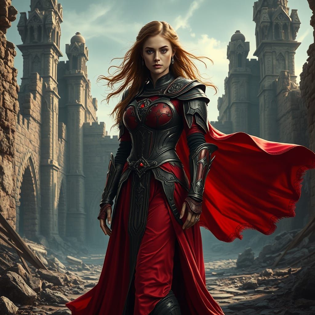 Warrior Princess in Red Armor, Hyperrealistic Digital Art