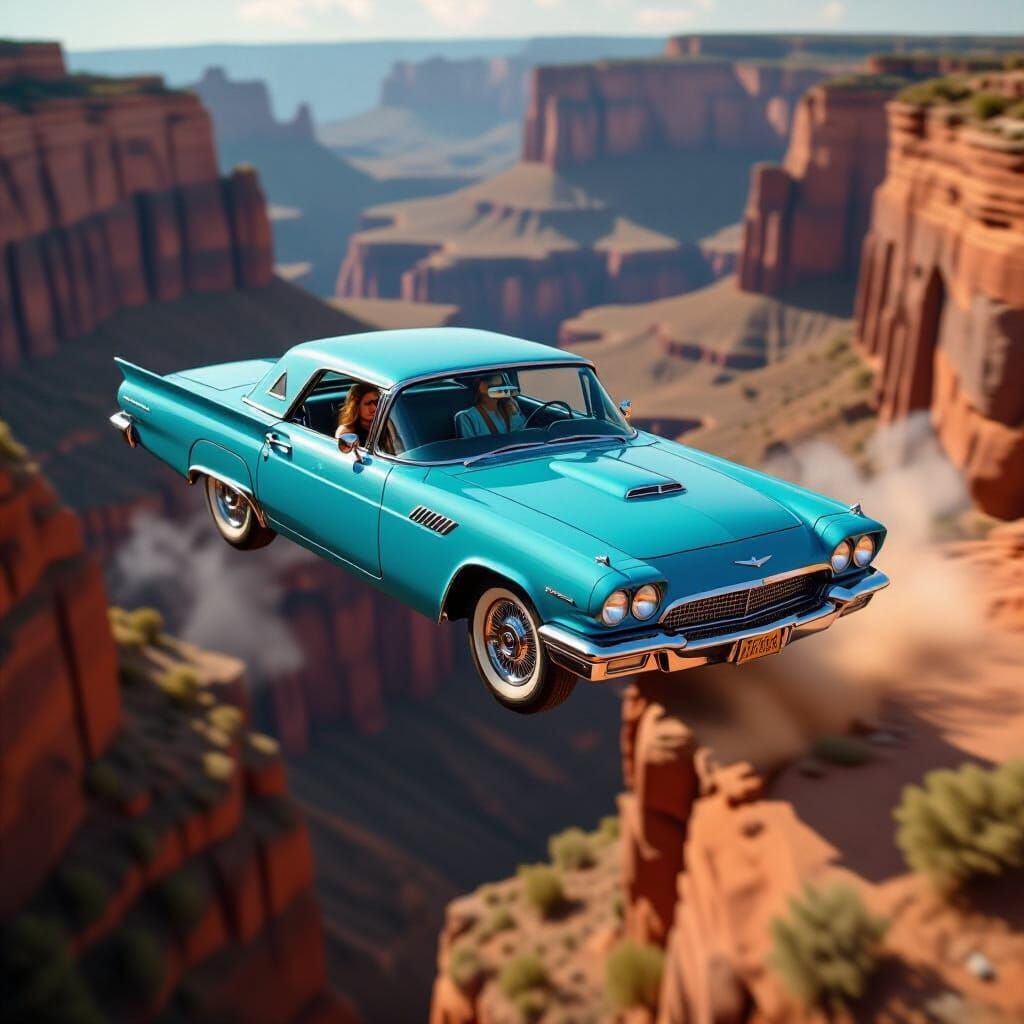 Blue 1966 Thunderbird Soars Off Cliff
