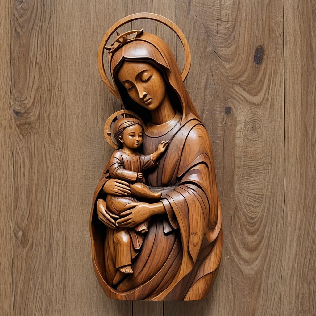 Abstract Wooden Sculpture: Mary and Jesus