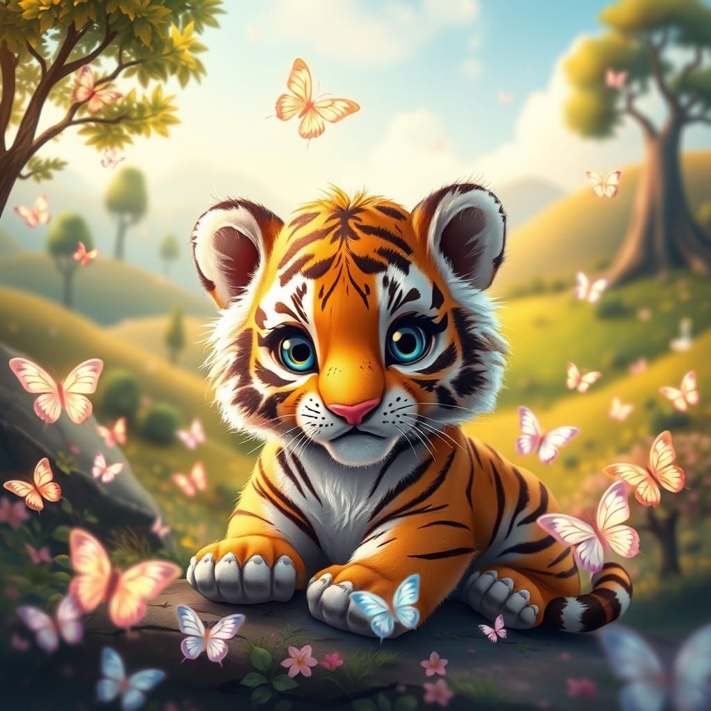Vibrant Fantasy Tiger with Iridescent Butterflies in Semi-Re...