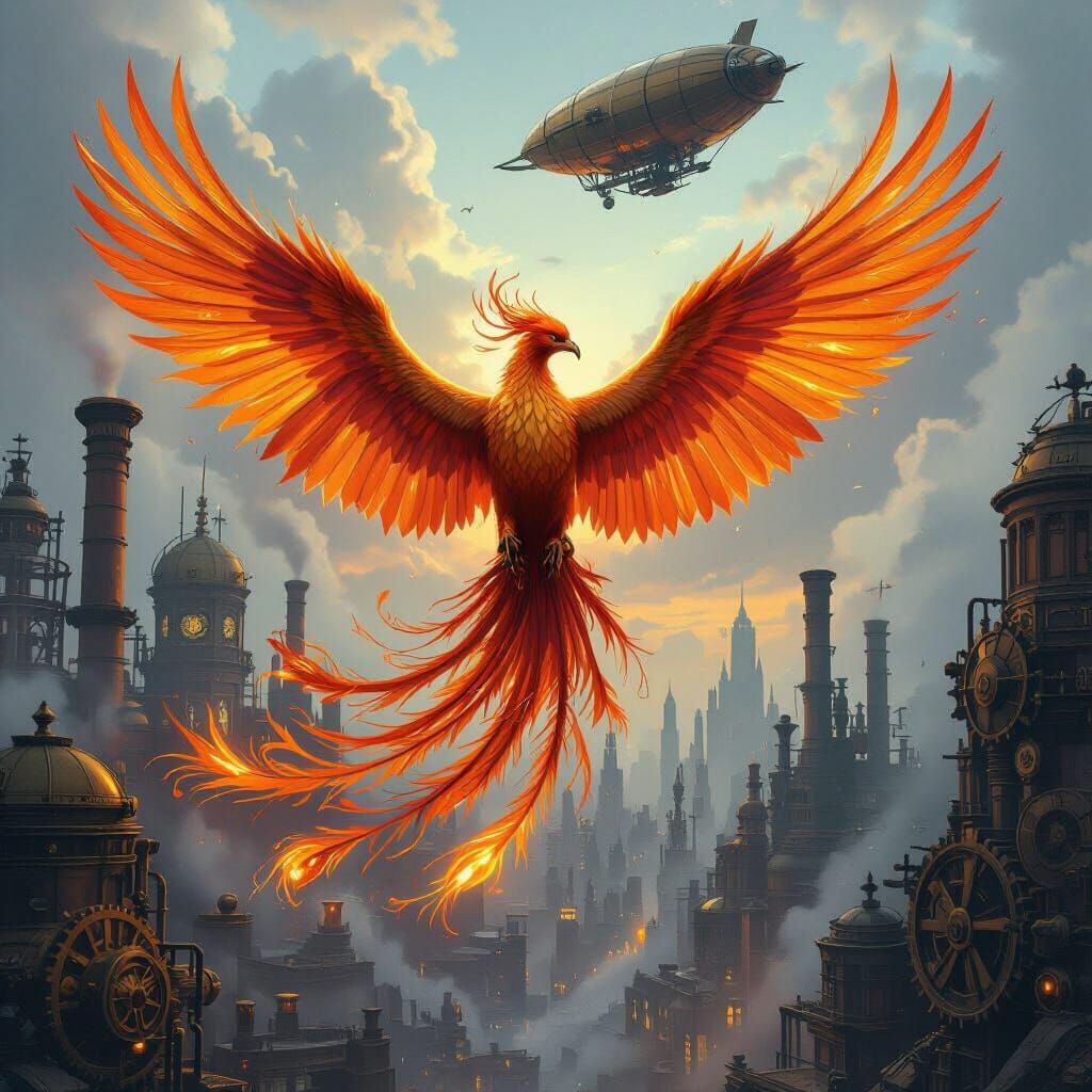 Phoenix Rising from Steampunk City, Ethereal Fire