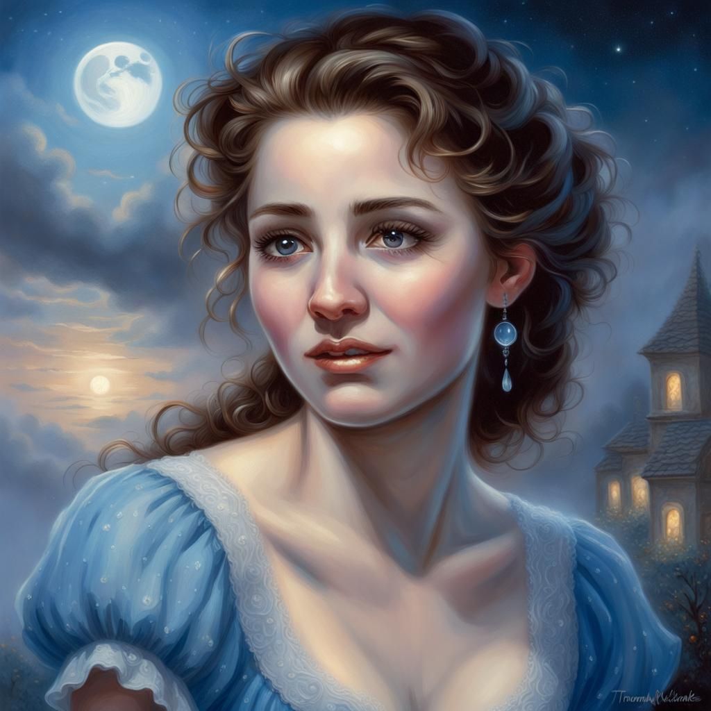 Ethereal Fantasy: Sad Woman Under Moonlight