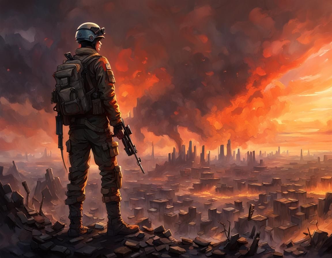 Futuristic Soldier Overlooks Ruined City with Fiery Sky