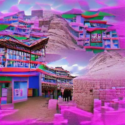Vaporwave Tibetan Village: Dreamlike Aesthetic