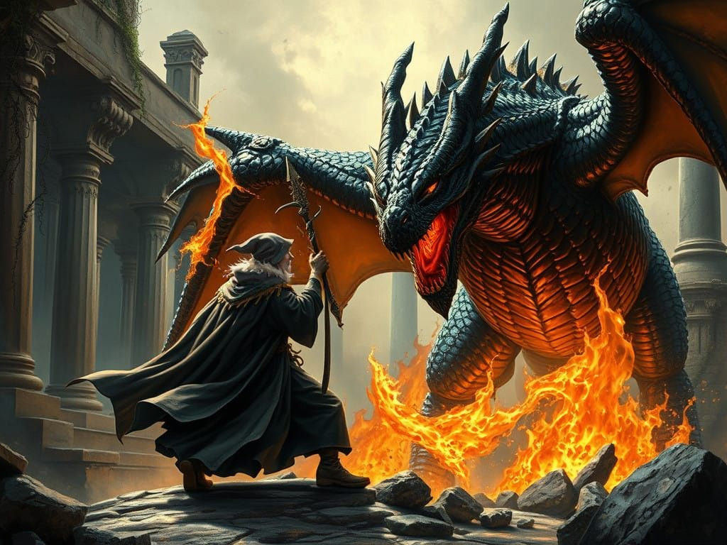 Epic Wizard Dragon Battle in a Fantasy Realm