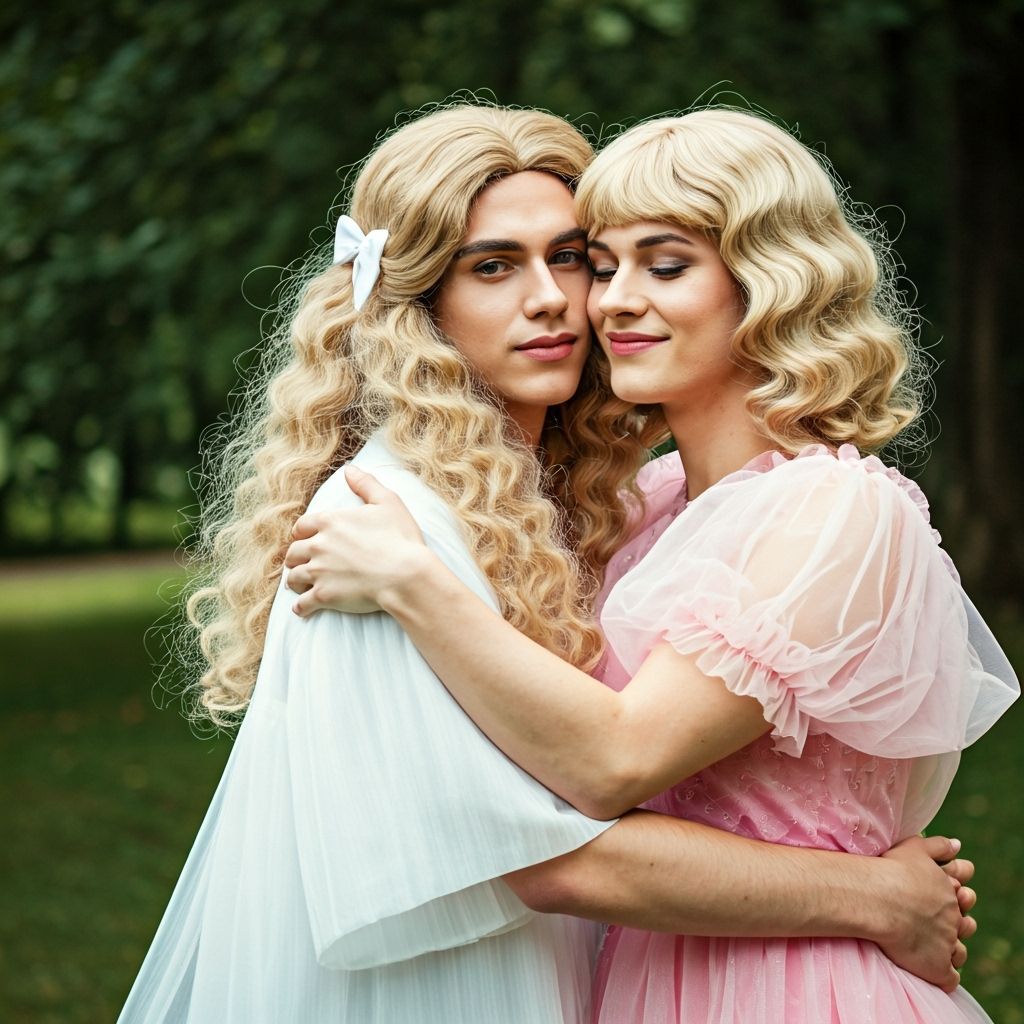 Shy Androgynous Boy in Prom Dress Hugged by Woman