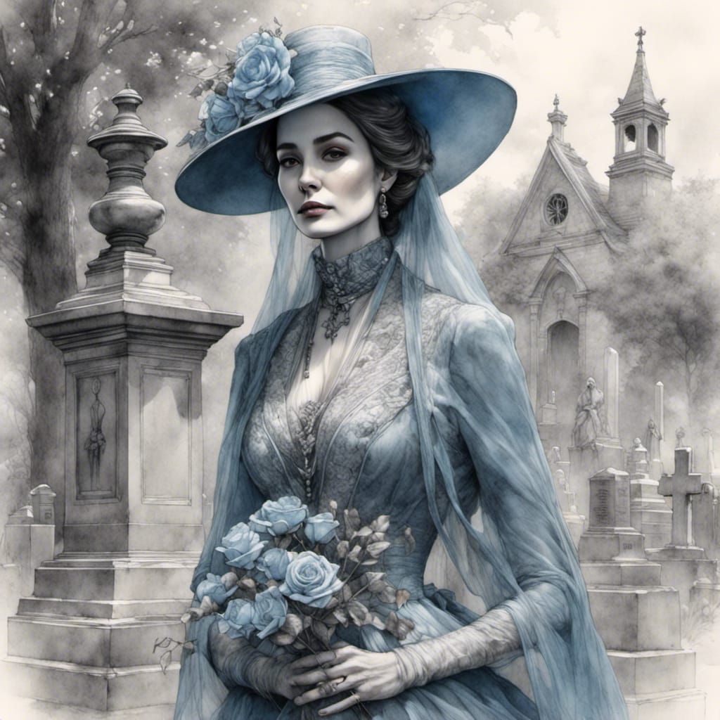 Victorian Widow in Cemetery: Watercolor Pencil Sketch