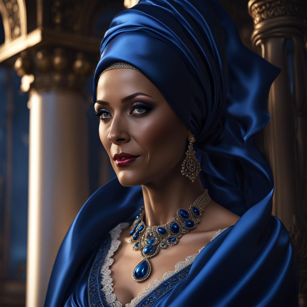 Statuesque Lady in Blue Satin: Photorealistic Digital Art