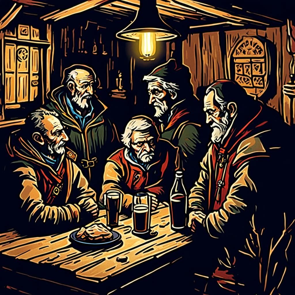 Au Moyen-âge, la guilde des mendiants buvant dans une taverne sombre