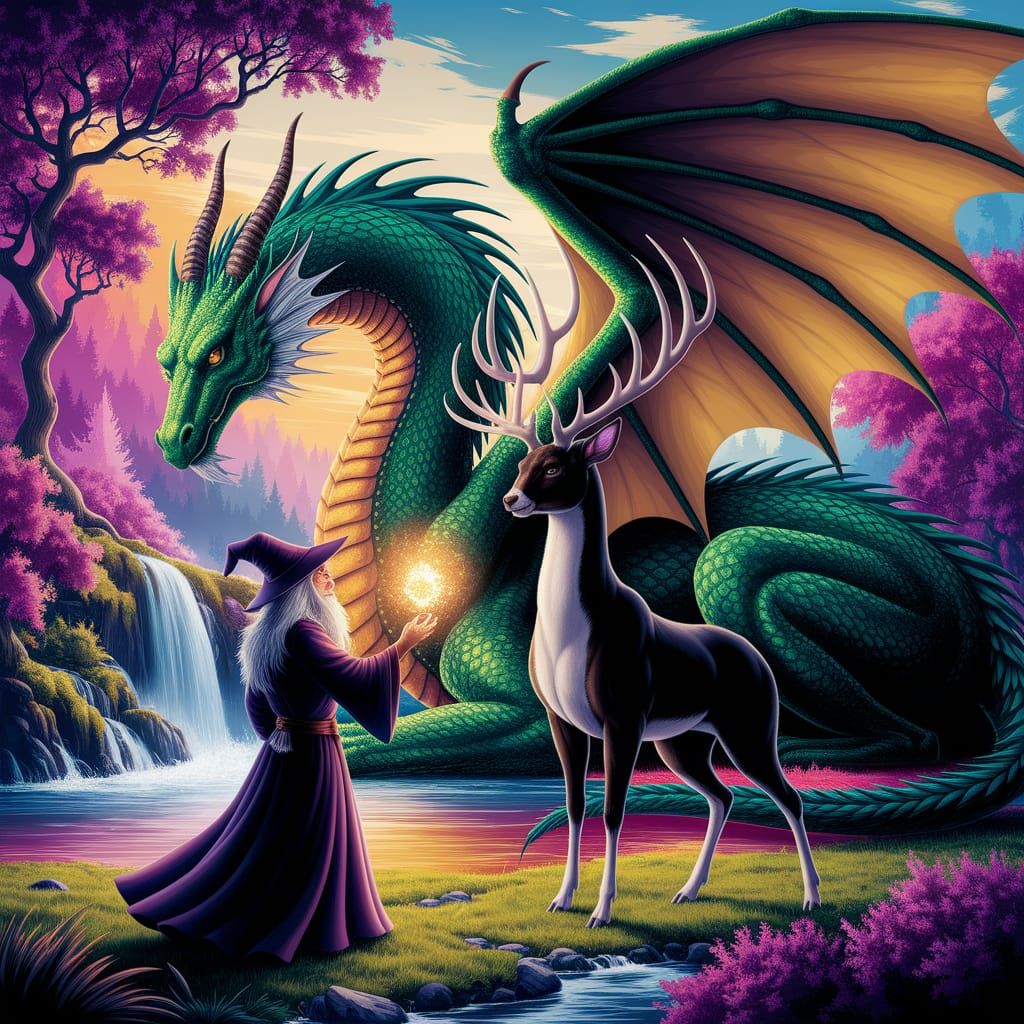 Wizard Creates Cat-Deer Hybrid with Dragon