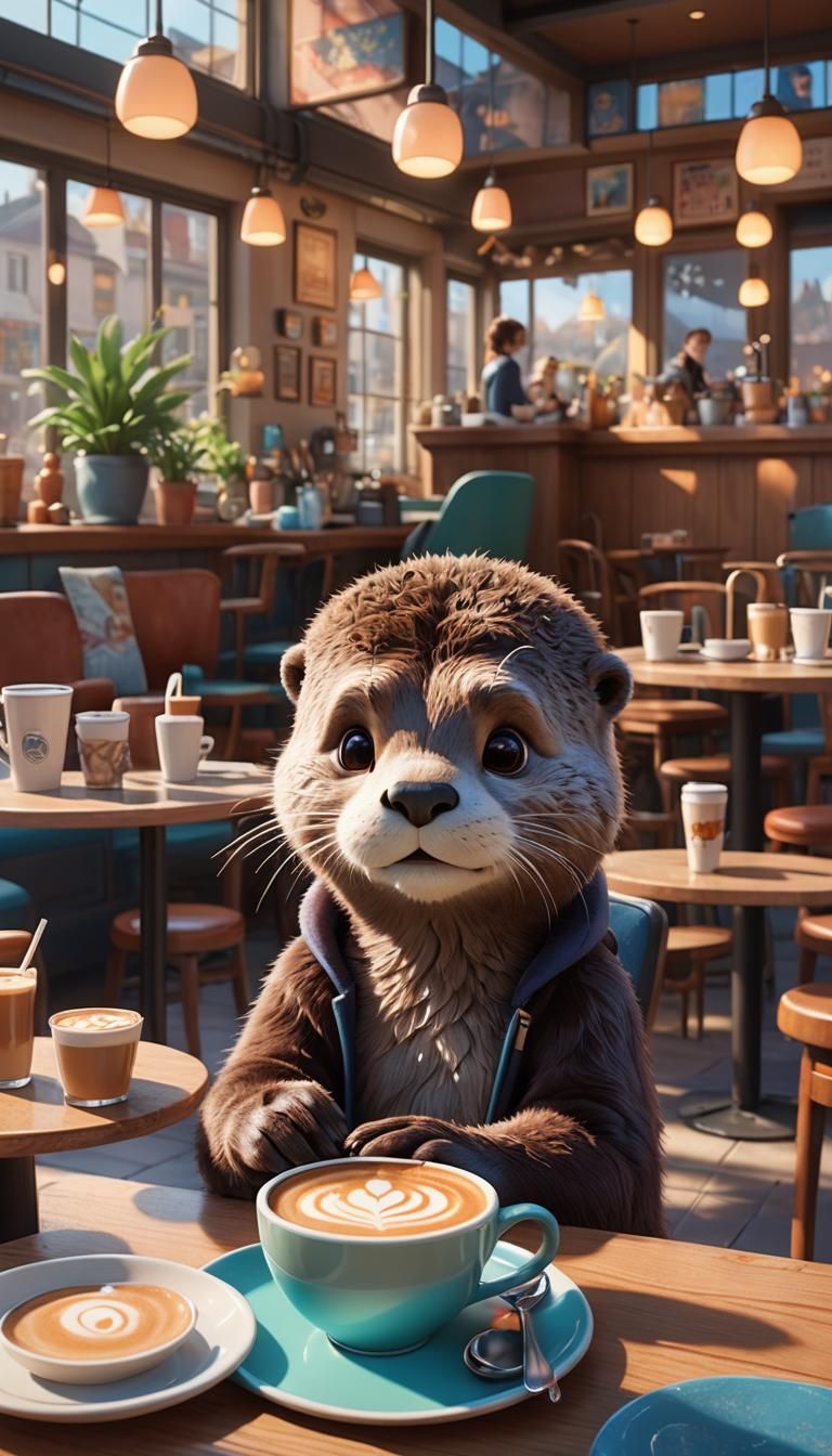 Otter Enjoying Latte: 3D Pixar Animation