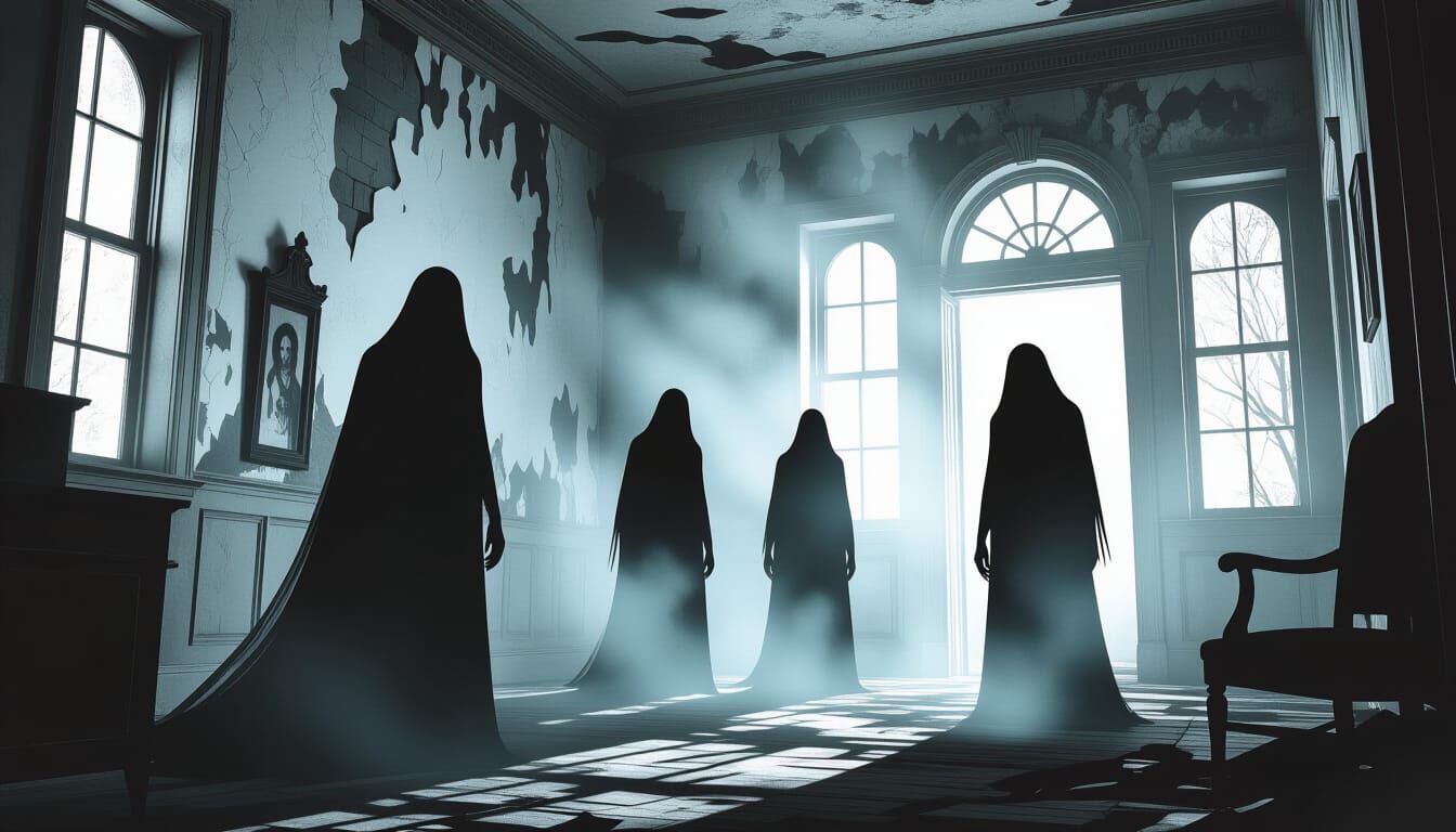 Eerie Shadow Figures Haunt Crumbling Mansion