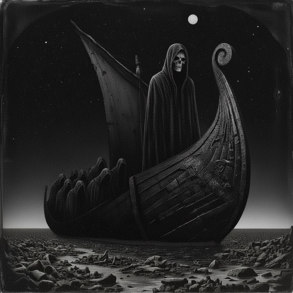 Charon Ferries Souls on River Styx in Expressionist Oil Pain...