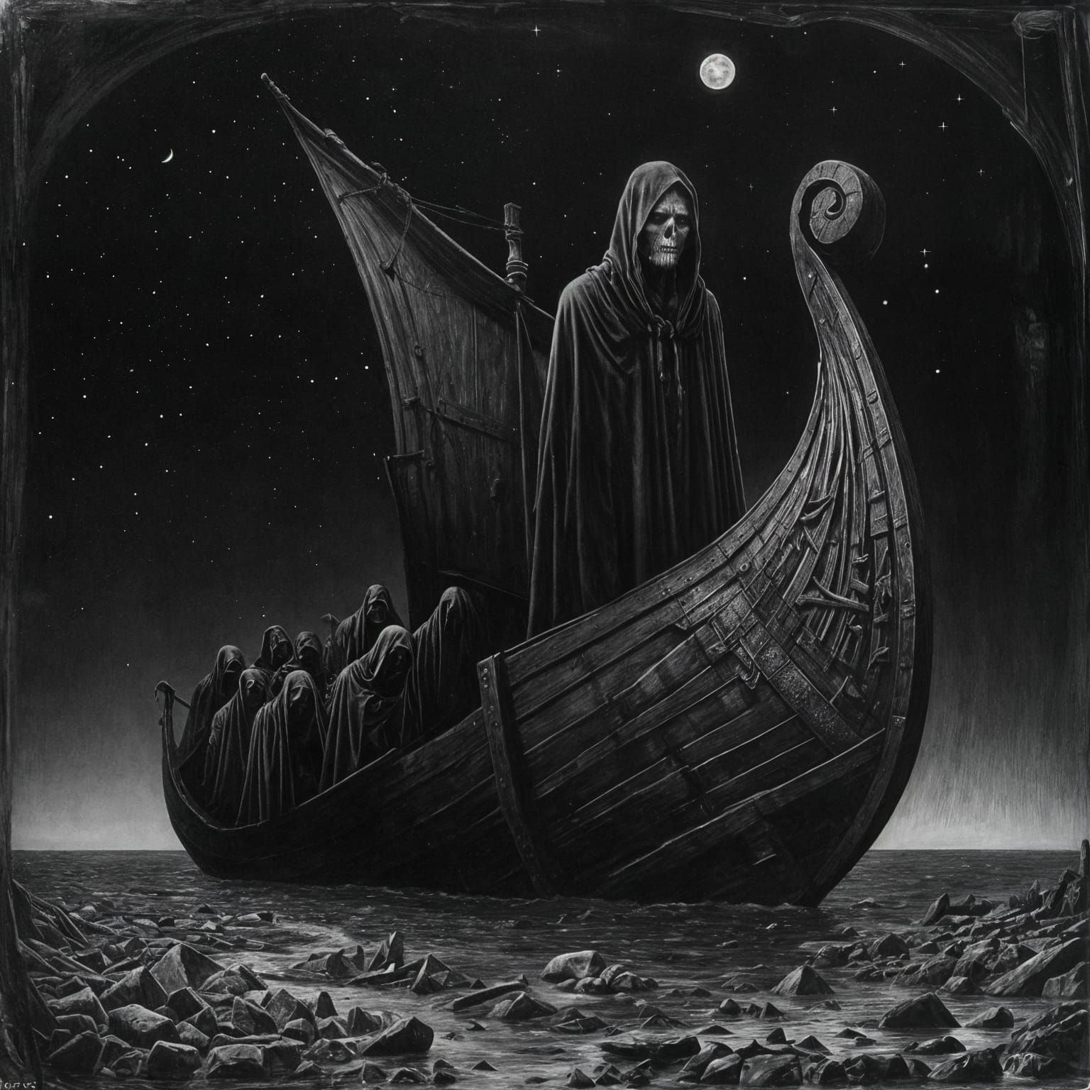 Charon Ferries Souls on River Styx in Expressionist Oil Pain...