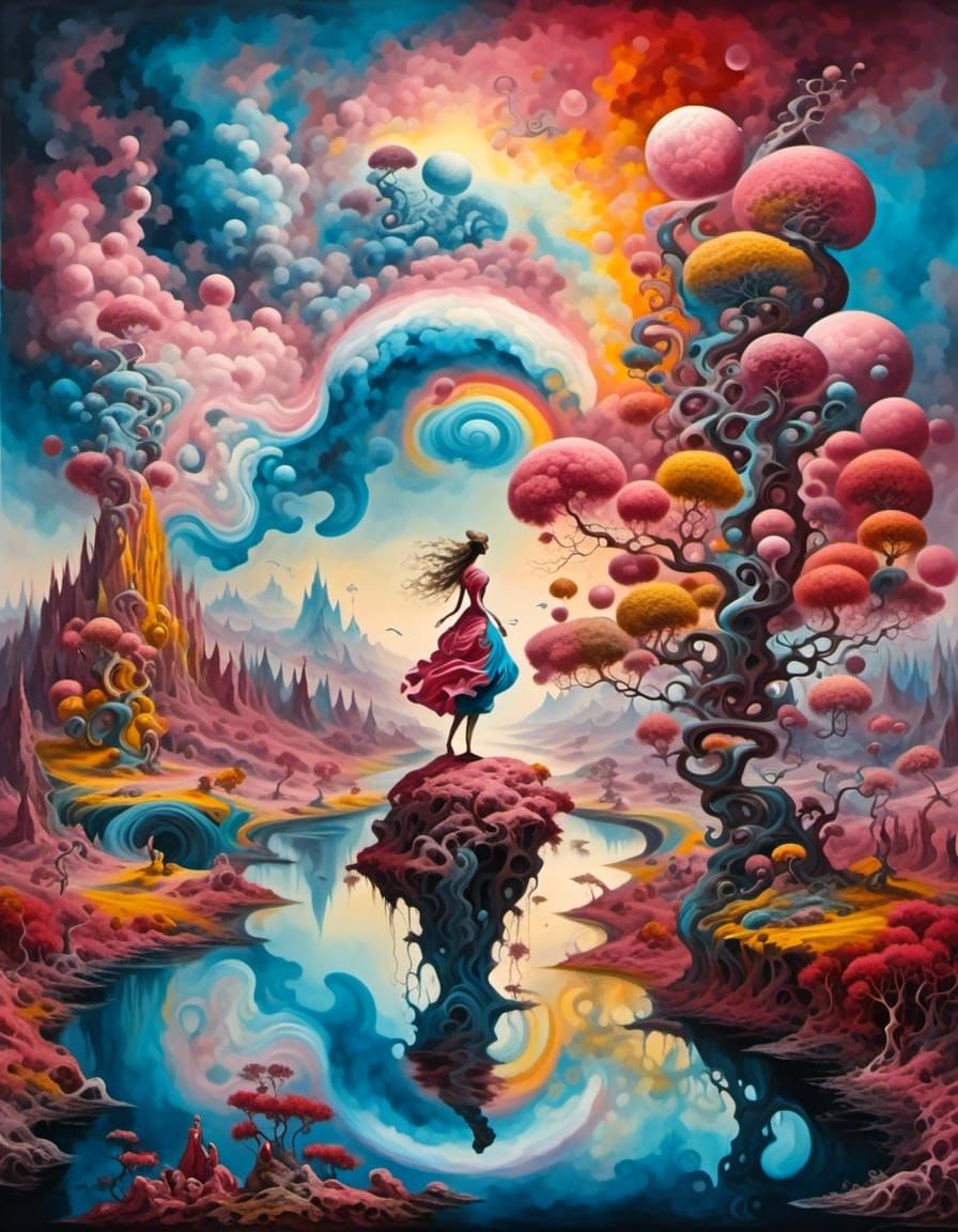 Surreal Fractal Landscape with Liquid Rainbow River