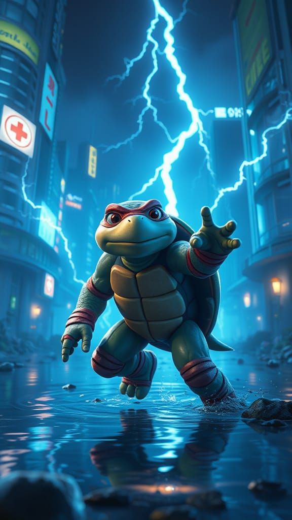 Ninja Turtle Cartoon Action in Thunderous Night